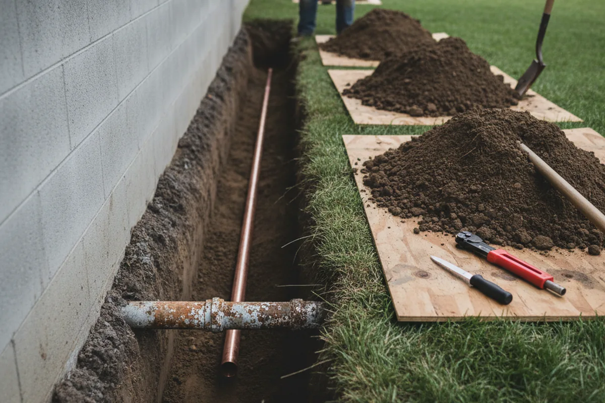 Excavated water line trench during Water Softener Installation in Manti
